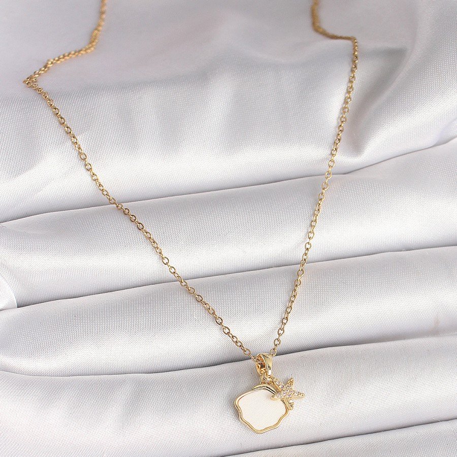 316L Steel Gold Color Chain Hanging White Enameled Seashell Zircon Stone Starfish Figure Women s Necklace