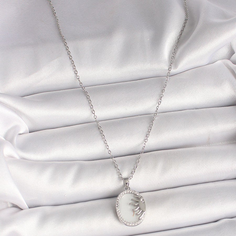 316L Steel Silver Color Chain White Enameled Sunset Model Zircon Stone Detailed Women s Necklace 316L Steel Silver Color Chain White Enameled Sunset Model Zircon Stone Detailed Women s Necklace