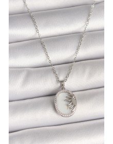 316L Steel Silver Color Chain White Enameled Sunset Model Zircon Stone Detailed Women's Necklace