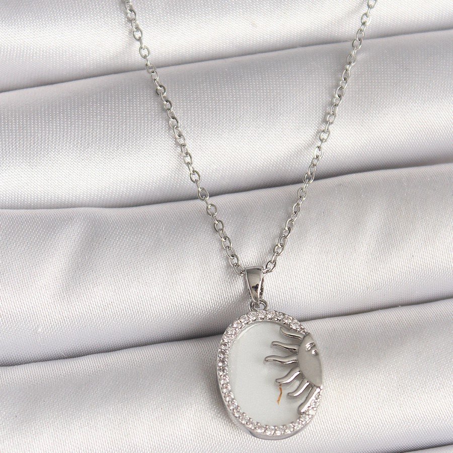 316L Steel Silver Color Chain White Enameled Sunset Model Zircon Stone Detailed Women s Necklace 316L Steel Silver Color Chain White Enameled Sunset Model Zircon Stone Detailed Women s Necklace