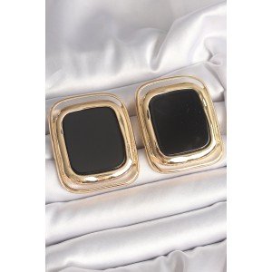 Brass Gold Color Black Enameled Square Model Women's Earrings