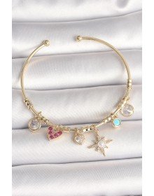 Brass Gold Color Zircon Stone Dangle Pole Star Figure Pearl Detail Charm Women's Bracelet