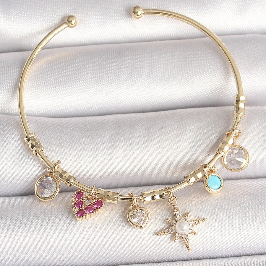 Brass Gold Color Zircon Stone Dangle Pole Star Figure Pearl Detail Charm Women s Bracelet