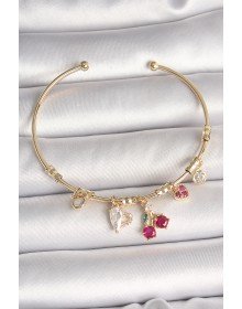 Brass Gold Color Dangle Red Zircon Stone Cherry Figure Charm Women's Bracelet