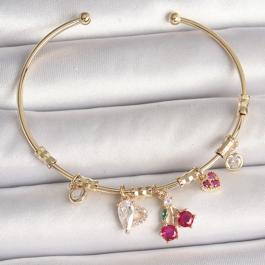 Brass Gold Color Dangle Red Zircon Stone Cherry Figure Charm Women s Bracelet