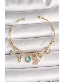 Brass Gold Color Dangle Zircon Stone Teddy Bear Figure Heart Detail Charm Women's Bracelet