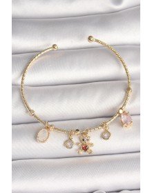 Brass Gold Color Dangle Zircon Stone Teddy Bear Figure Red Heart Detail Charm Women's Bracelet