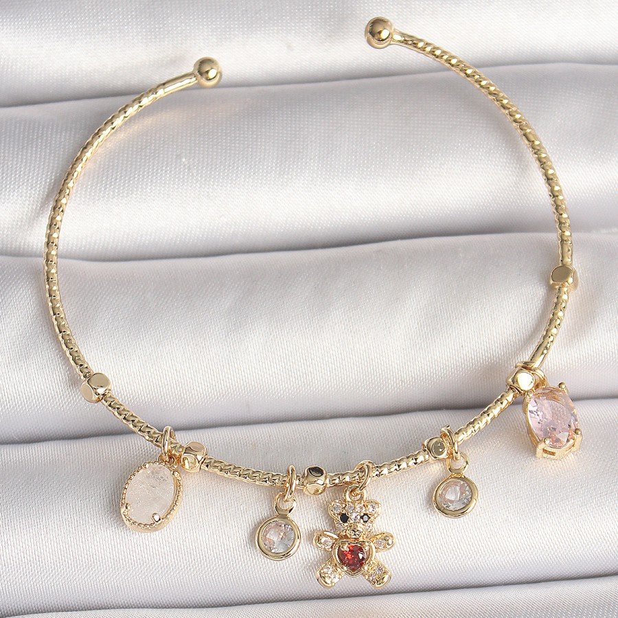 Brass Gold Color Dangle Zircon Stone Teddy Bear Figure Red Heart Detail Charm Women s Bracelet