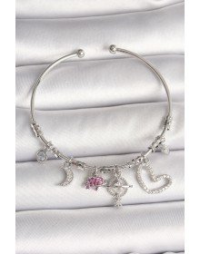 Brass Silver Color Dangle Zircon Stone Planet Figure Heart Detail Charm Women's Bracelet