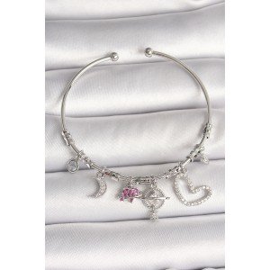 Brass Silver Color Dangle Zircon Stone Planet Figure Heart Detail Charm Women's Bracelet