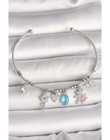 Brass Silver Color Dangle Zircon Stone Teddy Bear Figure Flower Detail Charm Women's Bracelet
