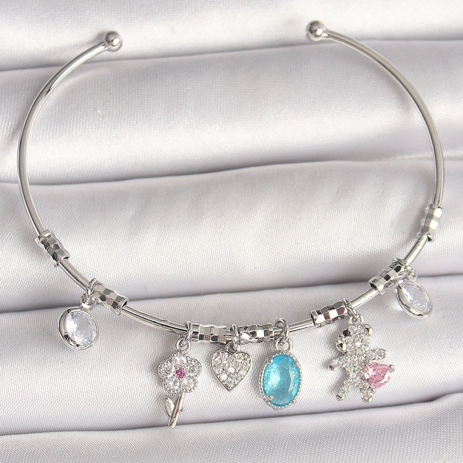 Brass Silver Color Dangle Zircon Stone Teddy Bear Figure Flower Detail Charm Women s Bracelet