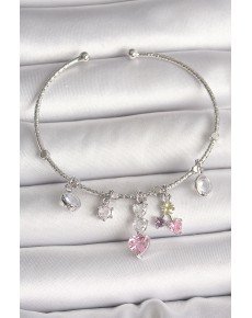 Brass Silver Color Dangle Zircon Stone Heart Figure Charm Women's Bracelet