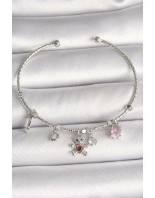 Brass Silver Color Dangle Zircon Stone Teddy Bear Figure Red Stone Detail Charm Women's Bracelet