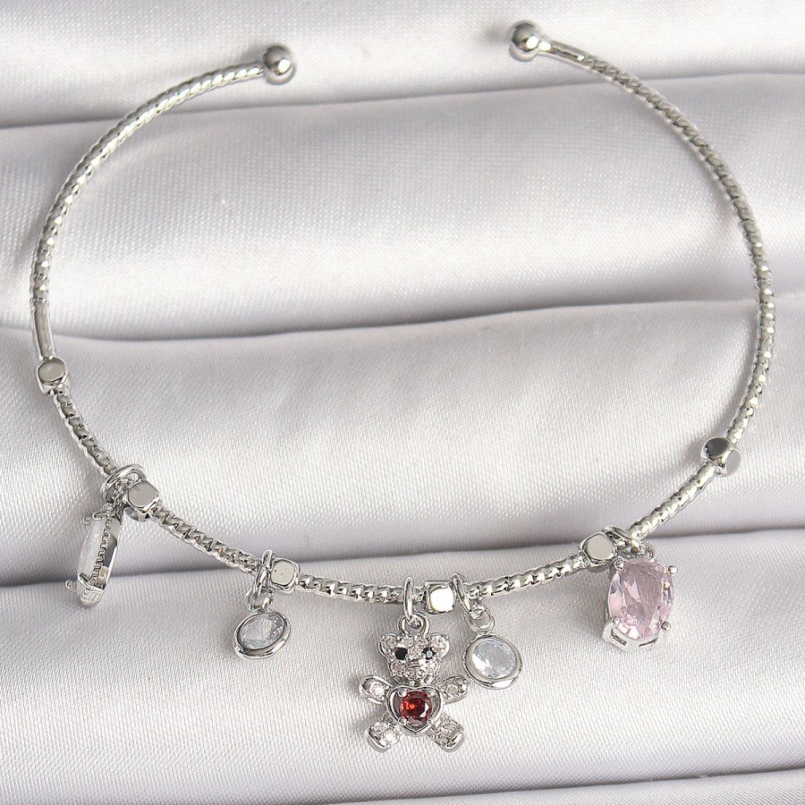 Brass Silver Color Dangle Zircon Stone Teddy Bear Figure Red Stone Detail Charm Women s Bracelet