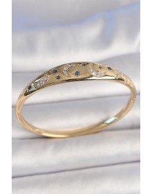 Brass Gold Color Zircon Stone Crescent Embroidered Blue Stone Star Detail Women's Handcuffs