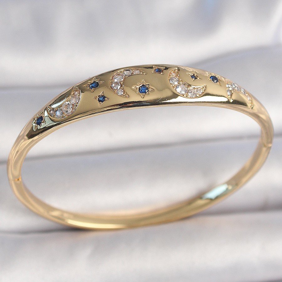Brass Gold Color Zircon Stone Crescent Embroidered Blue Stone Star Detail Women s Handcuffs