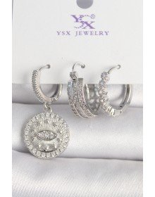 Brass Silver Color Zircon Stone Eye Embroidered Ring Model 3-Piece Women's Combination Earrings