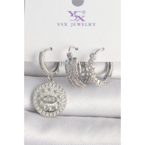 Brass Silver Color Zircon Stone Eye Embroidered Ring Model 3-Piece Women's Combination Earrings