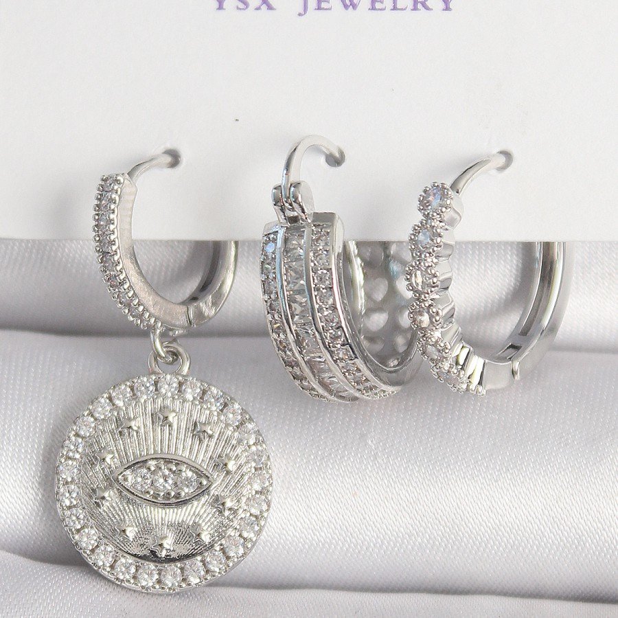 Brass Silver Color Zircon Stone Eye Embroidered Ring Model 3-Piece Women s Combination Earrings