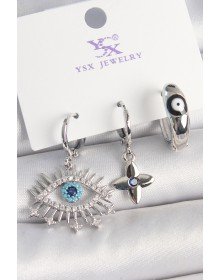 Brass Silver Color Zircon Stone Eye Model Evil Eye Bead Detail Set of 3 Women's Combination Earrings