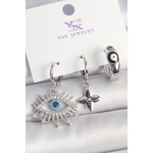 Brass Silver Color Zircon Stone Eye Model Evil Eye Bead Detail Set of 3 Women's Combination Earrings