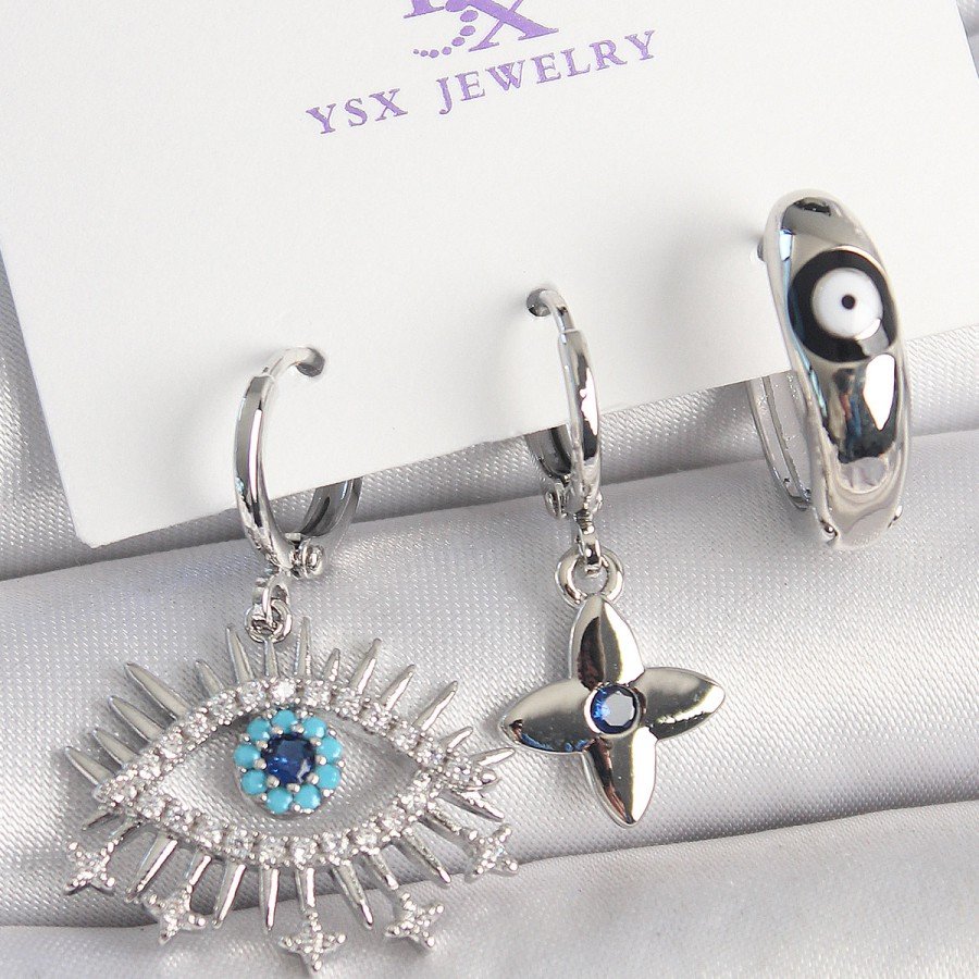 Brass Silver Color Zircon Stone Eye Model Evil Eye Bead Detail Set of 3 Women s Combination Earrings
