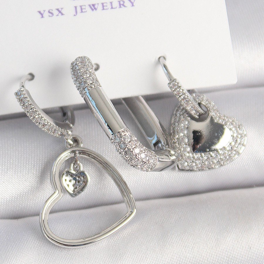 Brass Silver Color Dangle Zircon Stone Heart Model 3-Piece Women s Combination Earrings