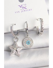 Brass Gold Color Zircon Stone Star Model Evil Eye Bead Detail Set of 3 Women's Combination Earrings