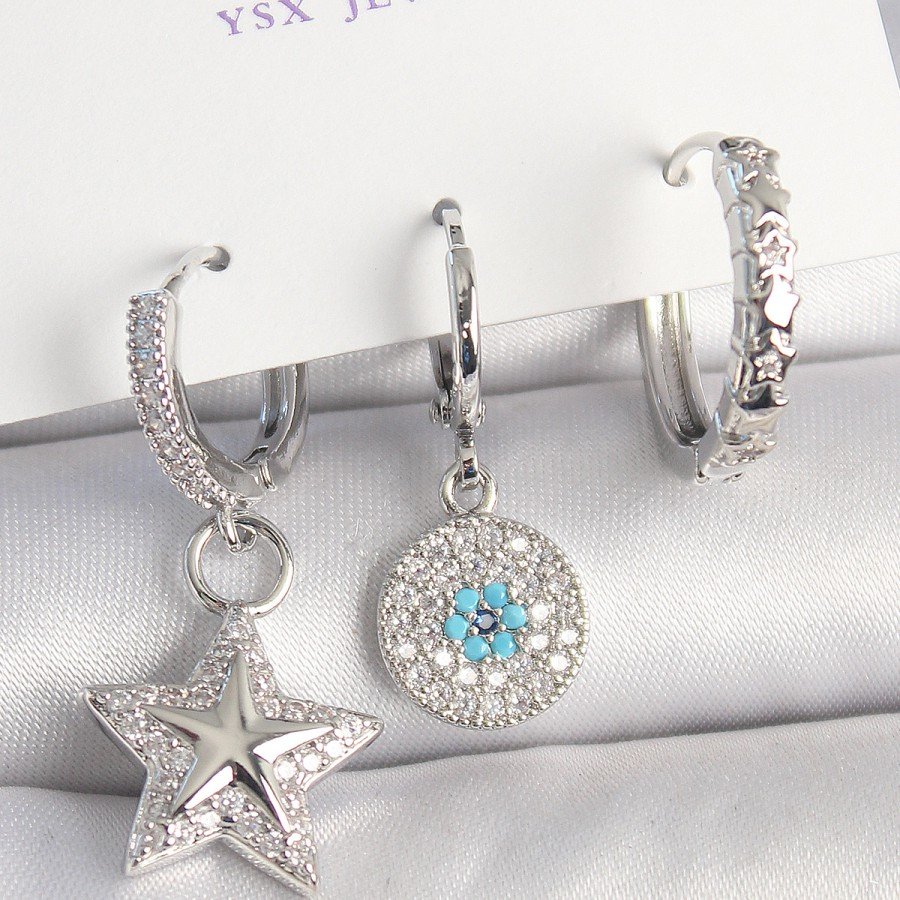 Brass Gold Color Zircon Stone Star Model Evil Eye Bead Detail Set of 3 Women s Combination Earrings