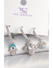 Brass Silver Color Zircon Stone Fatma Mother Clover Figure Eye Detail Set of 3 Women's Combination Earrings