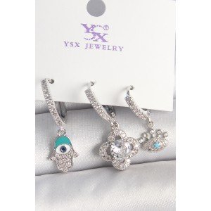 Brass Silver Color Zircon Stone Fatma Mother Clover Figure Eye Detail Set of 3 Women's Combination Earrings