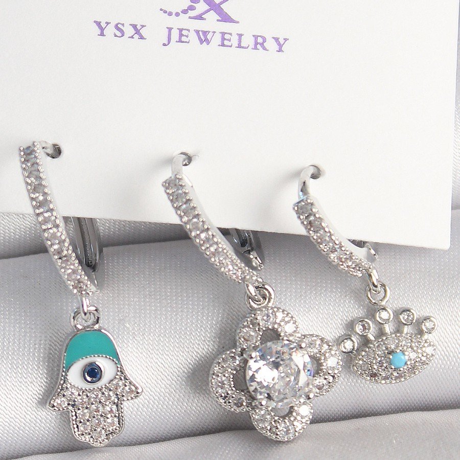 Brass Silver Color Zircon Stone Fatma Mother Clover Figure Eye Detail Set of 3 Women s Combination Earrings