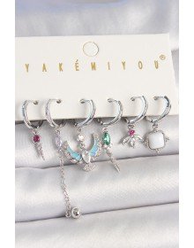 Brass Silver Color Zircon Stone Bird Figure Flower Detail Set of 6 Women's Combination Earrings