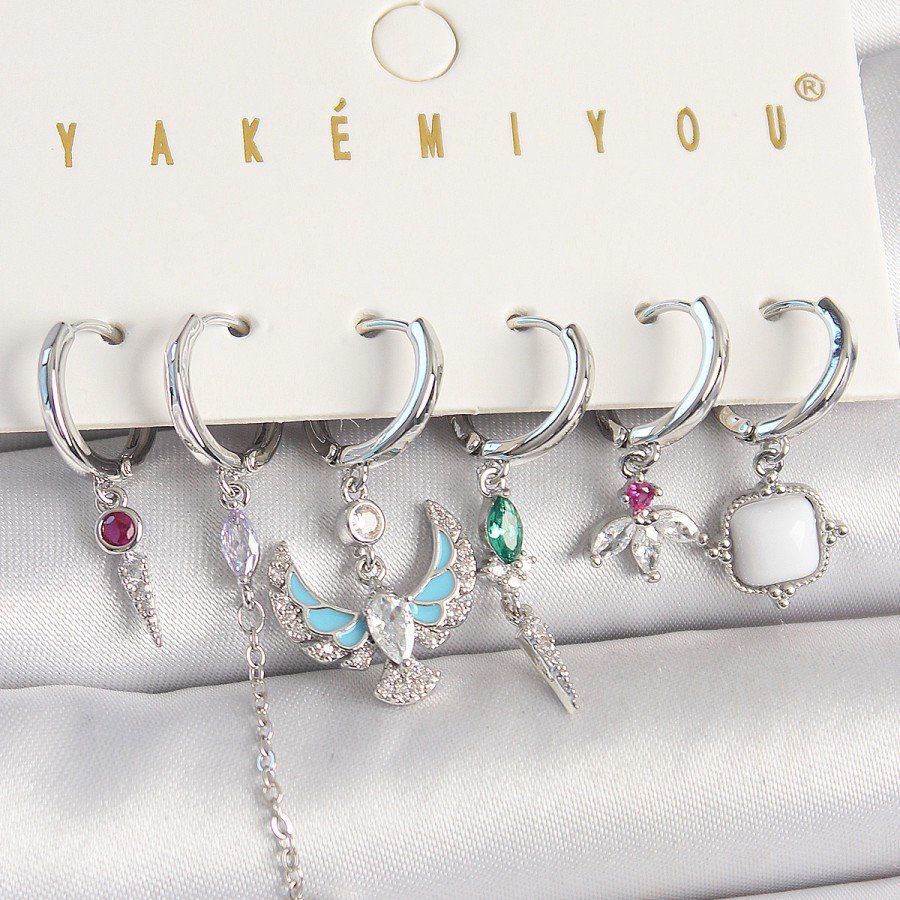 Brass Silver Color Zircon Stone Bird Figure Flower Detail Set of 6 Women s Combination Earrings