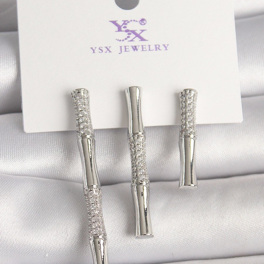 Brass Silver Color Zircon Stone Bamboo Model 3-Piece Women s Combination Earrings