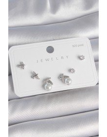 Brass Silver Color Zircon Stone Butterfly Model Pearl Detail 925 Sterling Silver Stud Women's Earring Set
