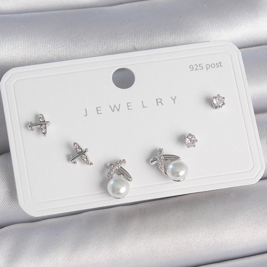 Brass Silver Color Zircon Stone Butterfly Model Pearl Detail 925 Sterling Silver Stud Women s Earring Set