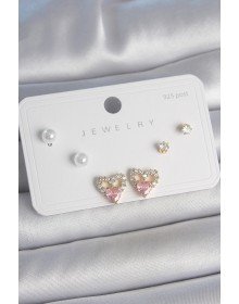 Brass Gold Color Pink Zircon Stone Heart Model Pearl Detail 925 Sterling Women's Earring Set