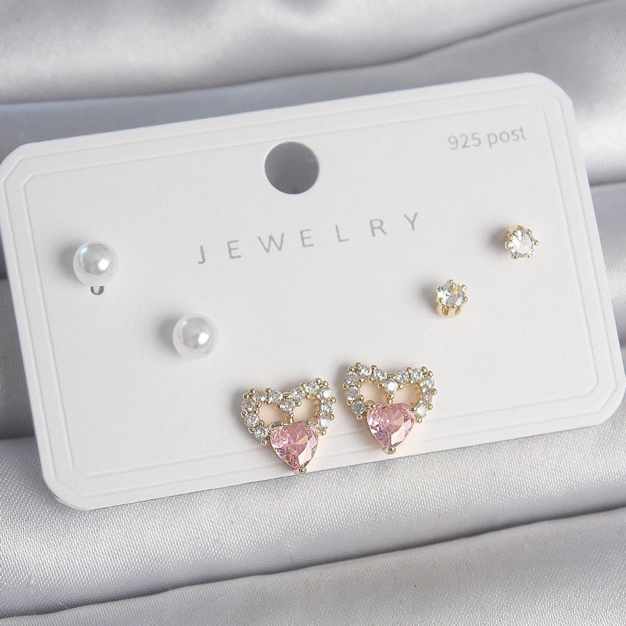 Brass Gold Color Pink Zircon Stone Heart Model Pearl Detail 925 Sterling Silver Women s Earring Set