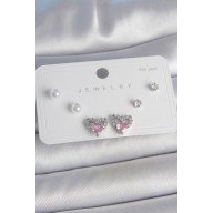 Brass Silver Color Pink Zircon Stone Heart Model Pearl Detail 925 Sterling Silver Stud Women's Earring Set Brass Silver Color Pink Zircon Stone Heart Model Pearl Detail 925 Sterling Silver Stud Women's Earring Set