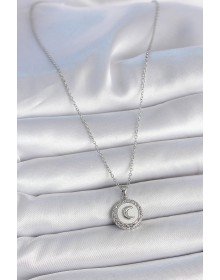 316L Steel Silver Color Chain White Enamel Crescent Embroidered Medallion Model Women's Necklace