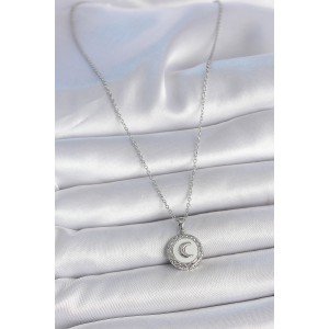 316L Steel Silver Color Chain White Enamel Crescent Embroidered Medallion Model Women's Necklace