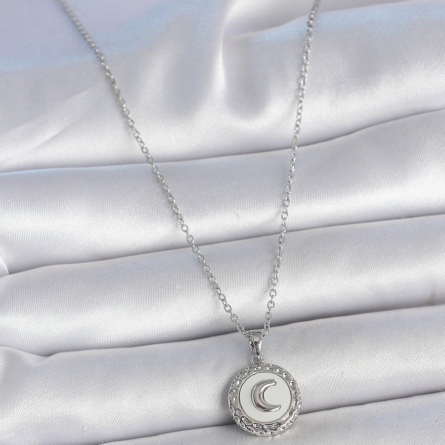 316L Steel Silver Color Chain White Enamel Crescent Engraved Medallion Model Women s Necklace