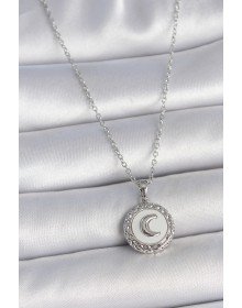 316L Steel Silver Color Chain White Enamel Crescent Embroidered Medallion Model Women's Necklace