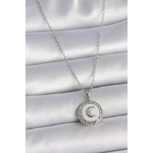 316L Steel Silver Color Chain White Enamel Crescent Embroidered Medallion Model Women's Necklace