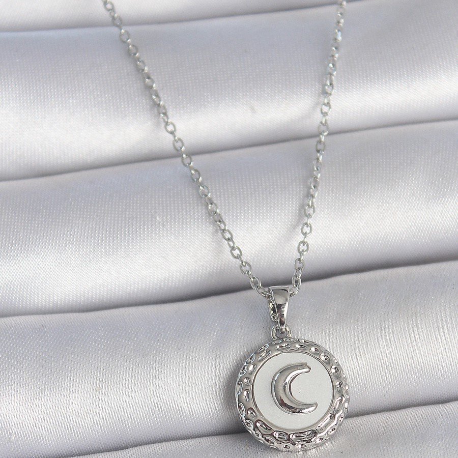 316L Steel Silver Color Chain White Enamel Crescent Engraved Medallion Model Women s Necklace
