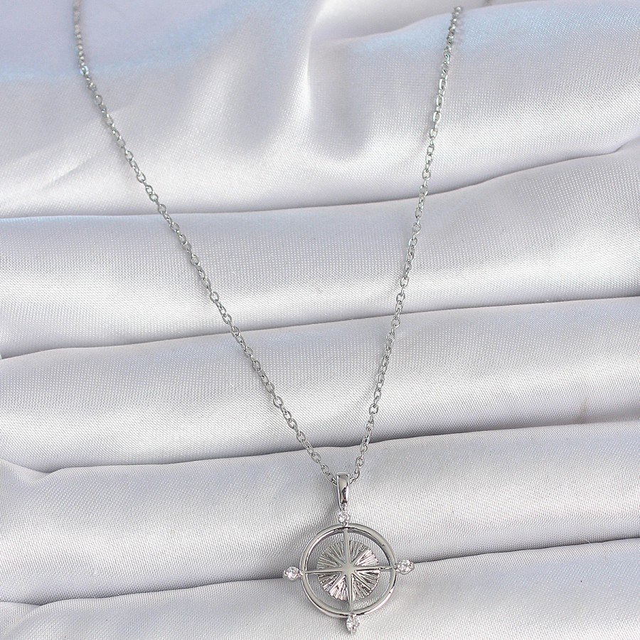 316L Steel Silver Color Chain Zircon Stone Compass Model Women s Necklace 316L Steel Silver Color Chain Zircon Stone Compass Model Women s Necklace