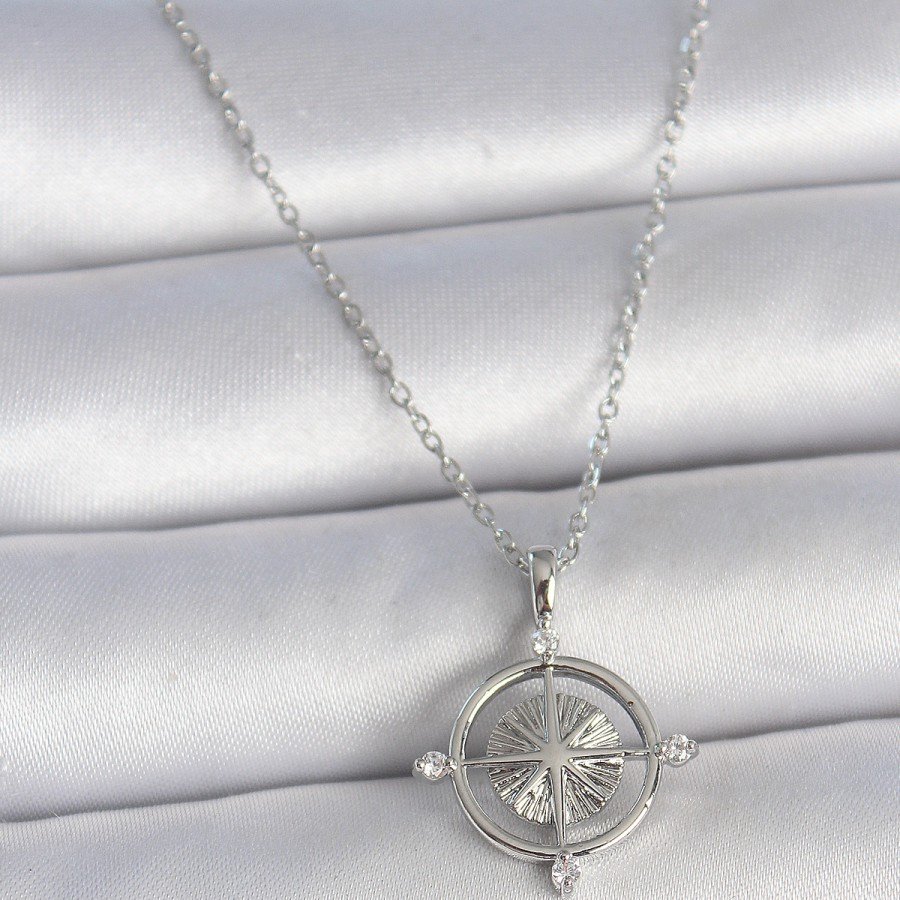 316L Steel Silver Color Chain Zircon Stone Compass Model Women s Necklace 316L Steel Silver Color Chain Zircon Stone Compass Model Women s Necklace