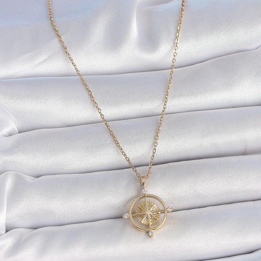 316L Steel Gold Color Chain Zircon Stone Compass Model Women s Necklace